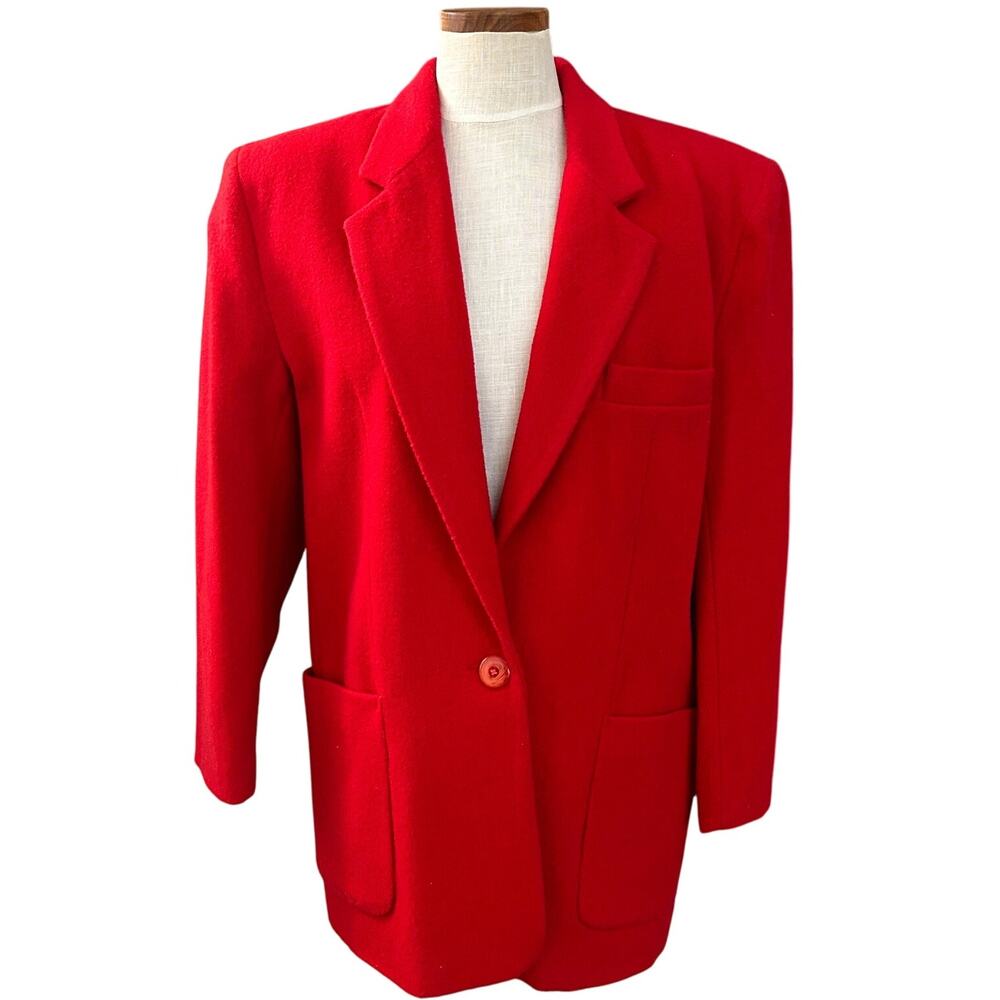 Vintage David Benjamin Red Wool Blazer 12 80s Power Shoulder One Button Lined